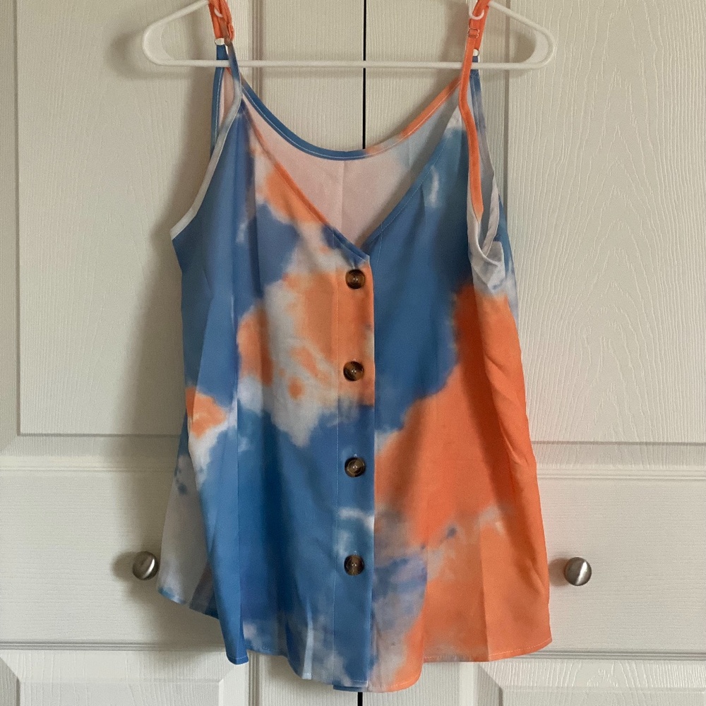 Blencot Button Down V Neck Strappy Tank Tie Dye Orange